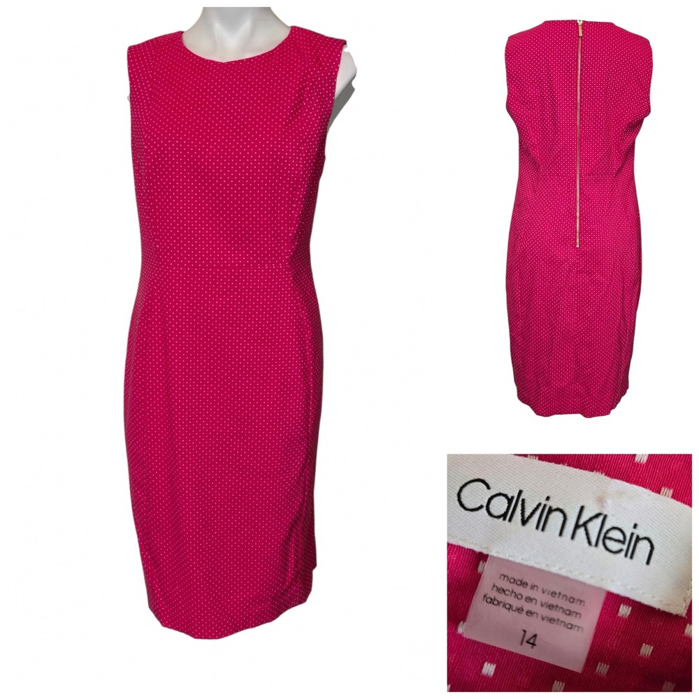 Calvin Klein Pink Polka Dot Sleeveless Sheath Dress Gold Zip CD0EH923 Size 14